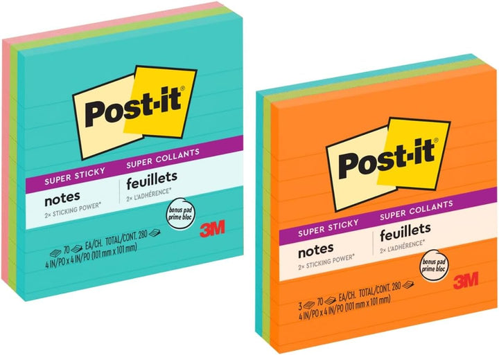 Post-it Super Haftnotizen, 10,2 x 10,2 cm, 3 Blöcke, 2 x Haftkraft, verschiedene helle Farben, linie