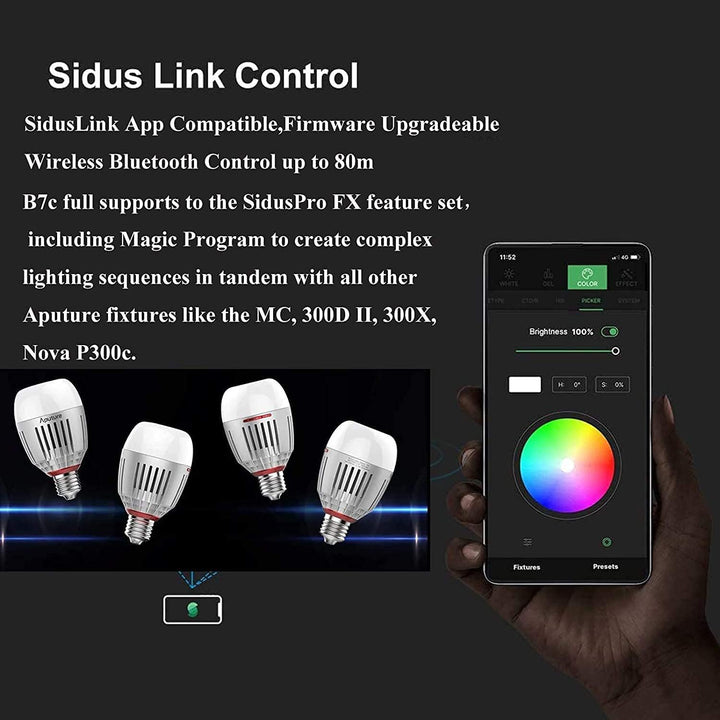 Aputure Accent B7C 7W RGBWW Smart Bulb CCT-Bereich 2.000K-10.000K und Sidus Link App Kompatibel für