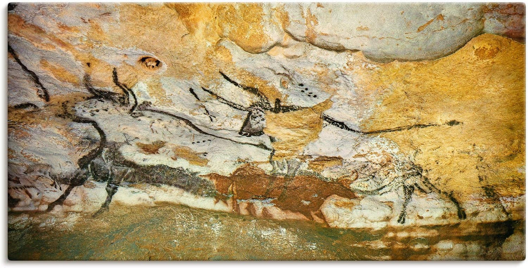 ARTland Leinwandbild Wandbild Bild auf Leinwand 60x30 cm Wanddeko Steinzeit Tiere Stier Ocker Antik