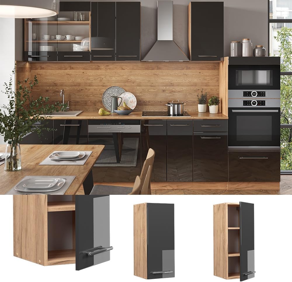 Vicco Hängeschrank Fame-Line, Anthrazit Hochglanz/Goldkraft Eiche, 30 cm Hängeschrank 30 cm Anthrazi