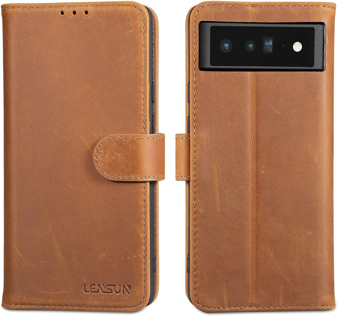 LENSUN Echtleder Hülle für Google Pixel 6 Pro, Handyhülle [Echtes Leder] [RFID] [Magnetverschluss] H