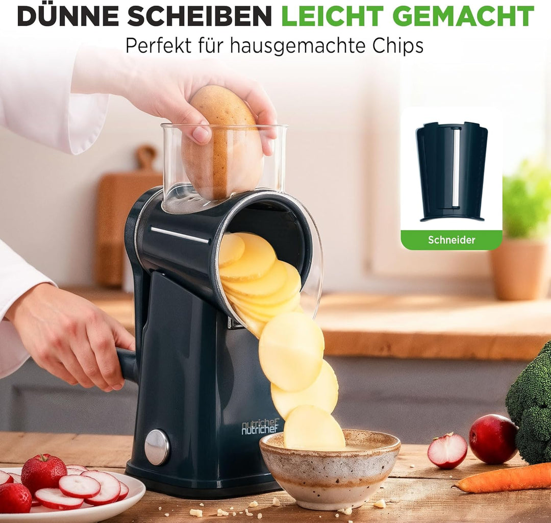 NutriChef Trommelreibe - mit Kurbel - Käsereibe inkl. 5 Trommelblättern - Ideal für Käse Gurken Karo