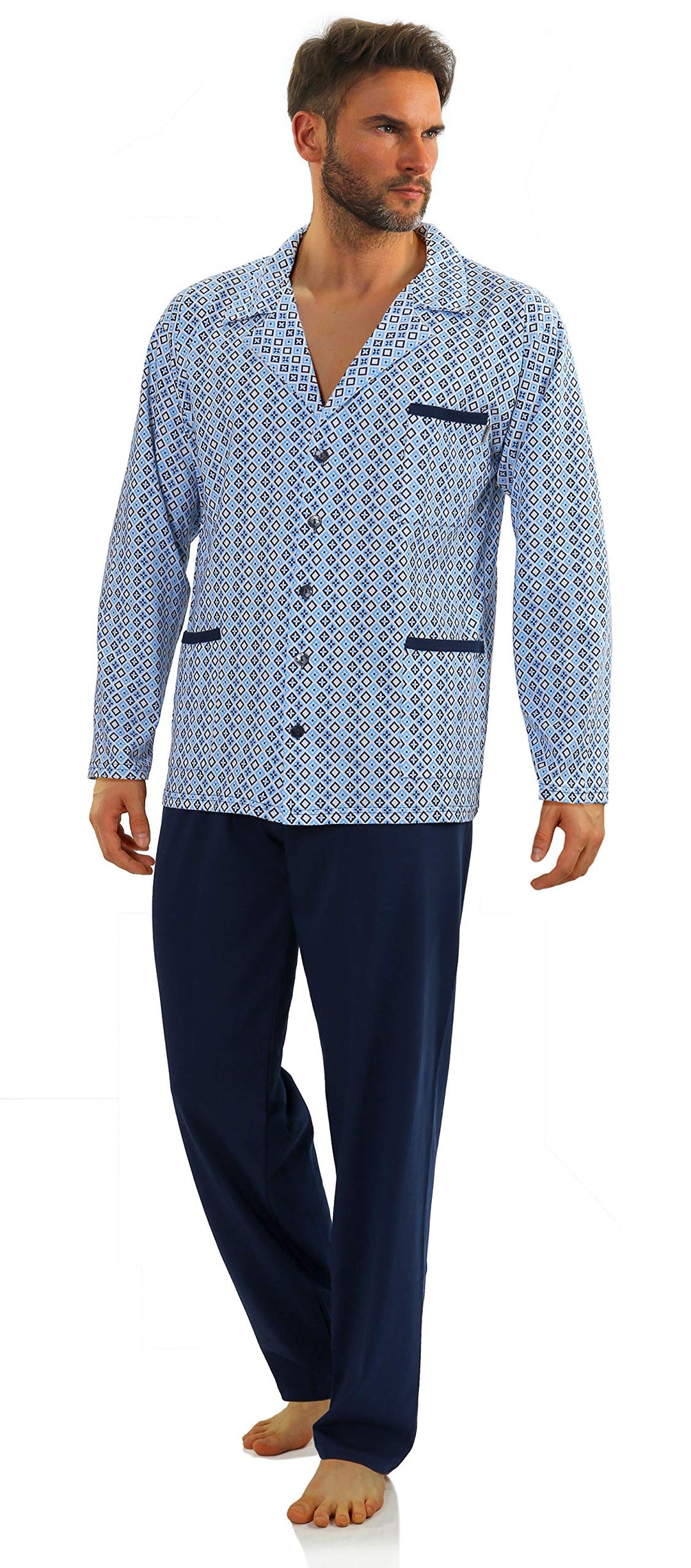 sesto senso Herren Pyjama mit Knopfleiste Lang Baumwolle Schlafanzug Knöpfen L T-shirt - Muster Blau