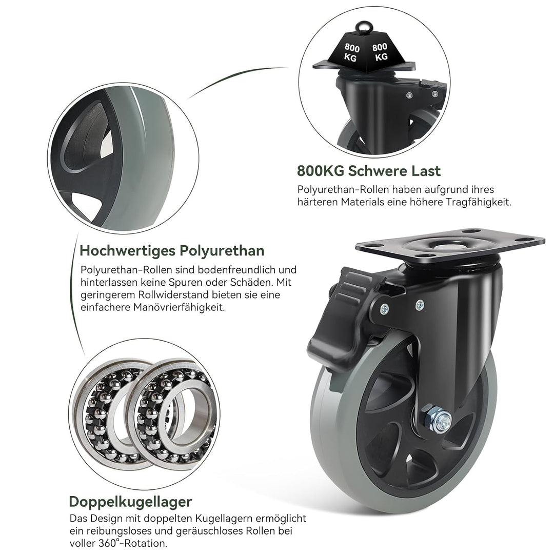BAOLIHUI 125mm Schwerlastrollen Graue 4er Set Möbelrollen Bis zu 800KG, 360 Grad Doppelverriegelung