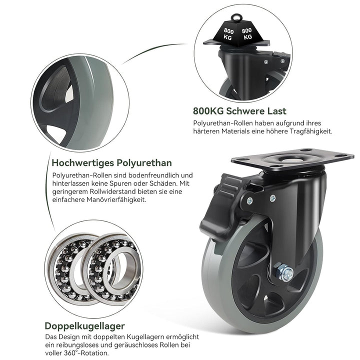 BAOLIHUI 125mm Schwerlastrollen Graue 4er Set Möbelrollen Bis zu 800KG, 360 Grad Doppelverriegelung