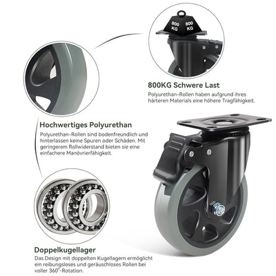 BAOLIHUI 125mm Schwerlastrollen Graue 4er Set Möbelrollen Bis zu 800KG, 360 Grad Doppelverriegelung
