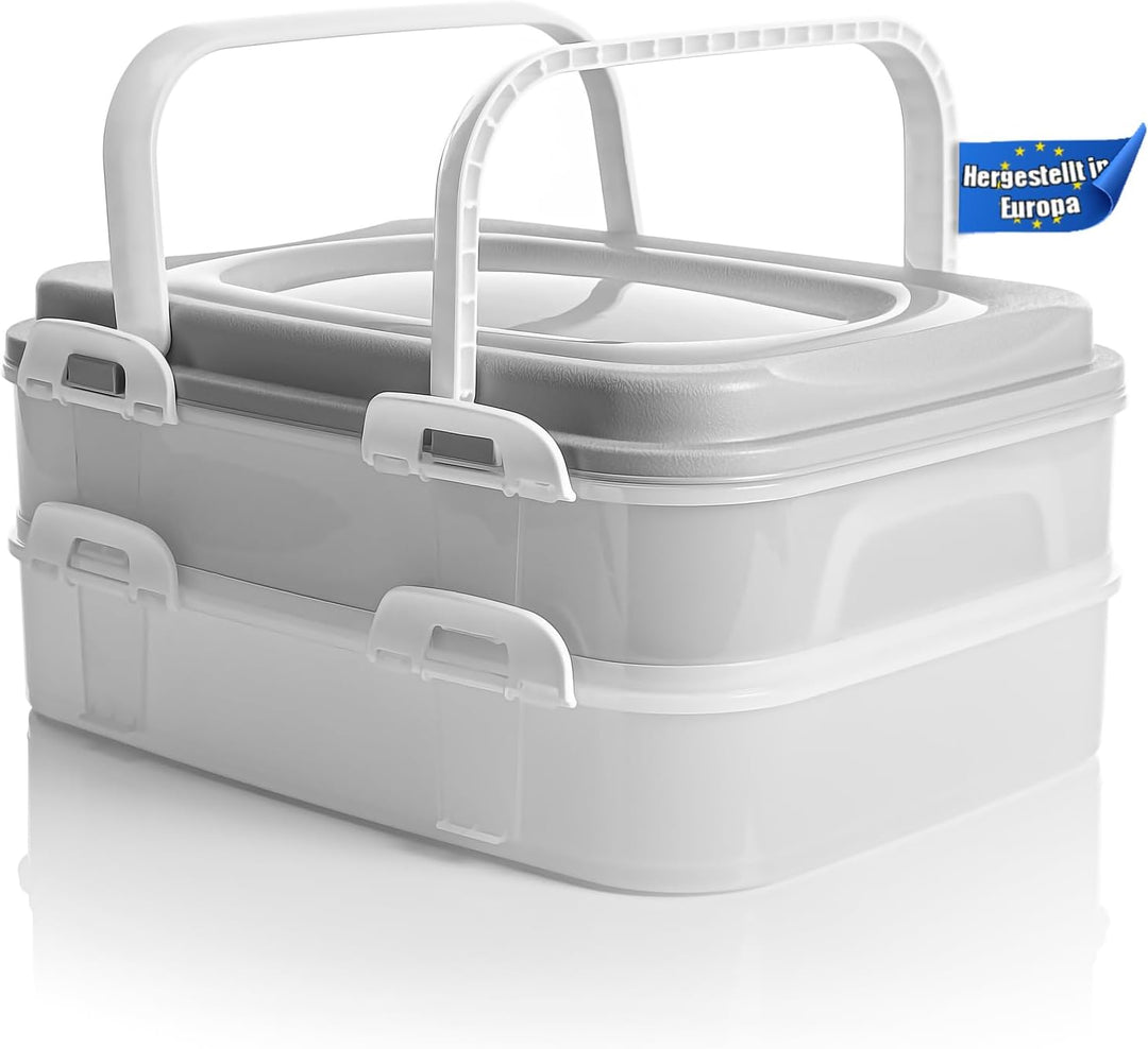 BigDean Partycontainer mit 2 Etagen und Hebeeinsatz in Pastell Grau – für Backwaren, Snacks &amp; Kuchen
