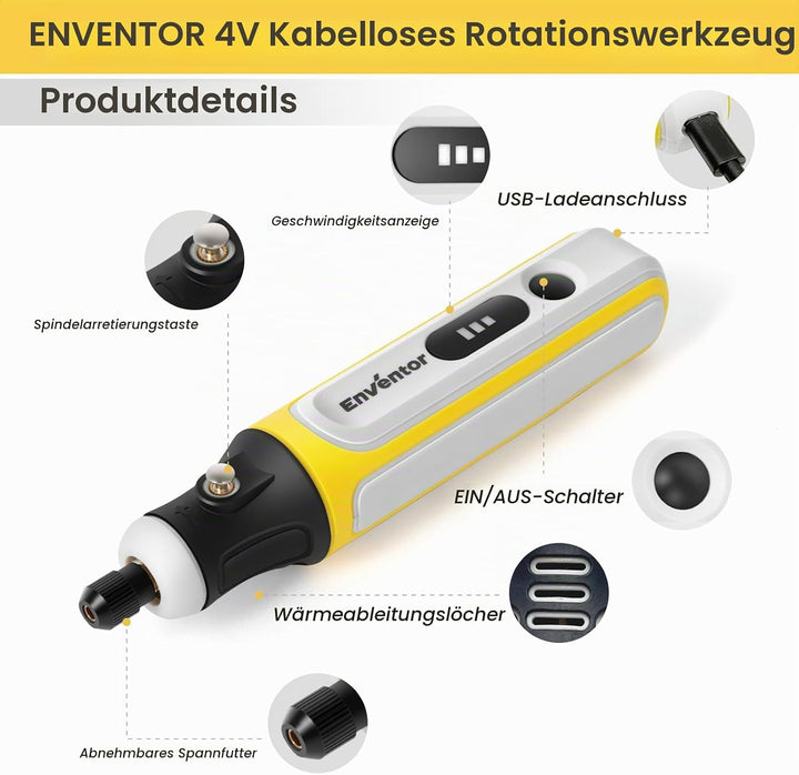 ENVENTOR Mini Multifunktionswerkzeug Akku, 4V Rotationswerkzeug mit 75 Zubehör, 5000-16000RPM, 3 Ein