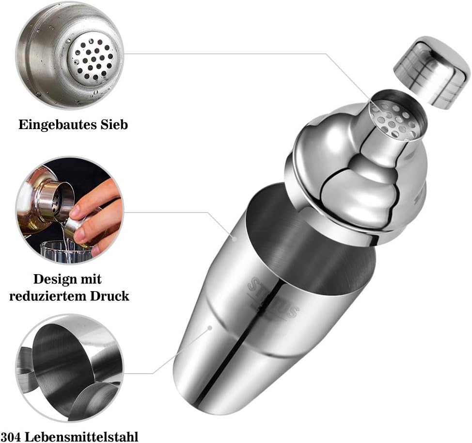 Cocktail Shaker, STNTUS 750ml Cocktailshaker, Bar Zubehör, Cocktail Mixer mit Jigger, Edelstahl, Coc