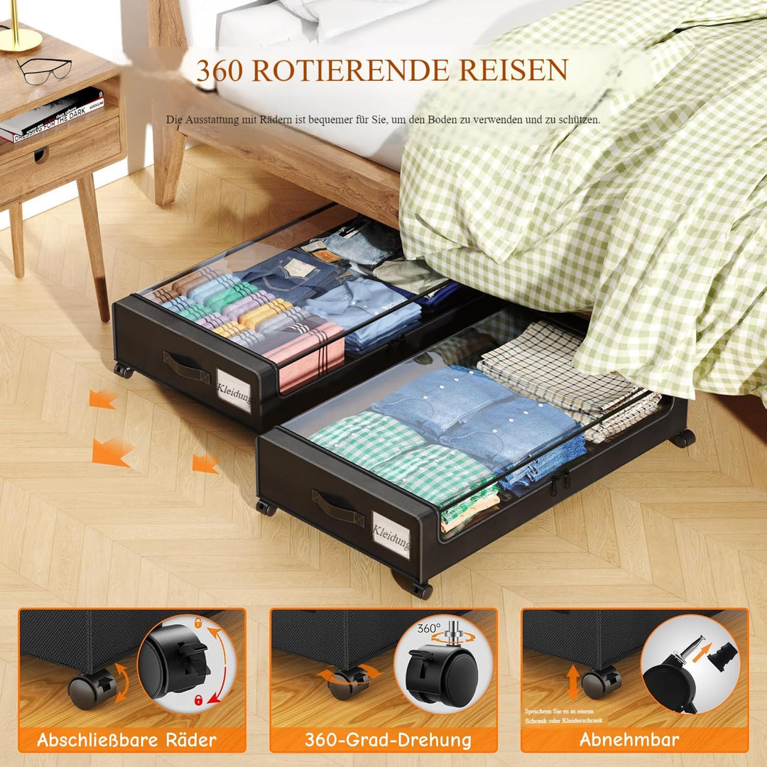 Unterbett Aufbewahrungstaschen aus Oxford Stoff, Faltbare Unterbettbox mit 4 Griffen, 2 Reissverschl