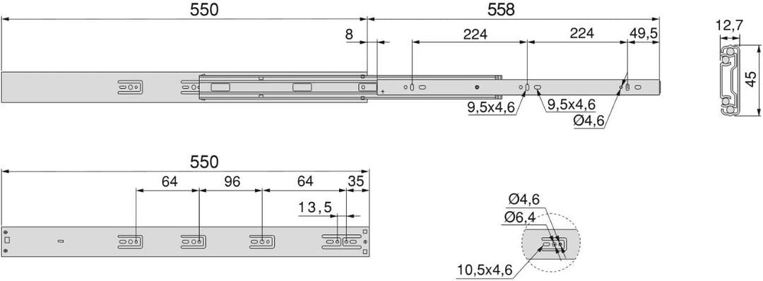 Emuca Seitliche Führungen für Schubladen mit Kugellager 45 mm x 550 mm;5 Stück L 550mm Verzinkt, L 5