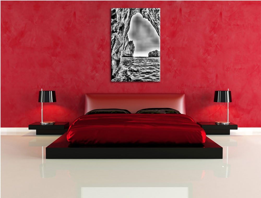 Pixxprint Monocrome, Felstor im Meer, Format: 100x70 auf Leinwand, riesige Bilder fertig gerahmt mit