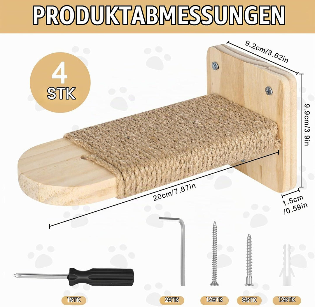 Katzentreppe Wand 4pcs, Kletterwand Katzen,Wandliege Kletterwand Katzen mit Juteseil zum Kratzen, fü