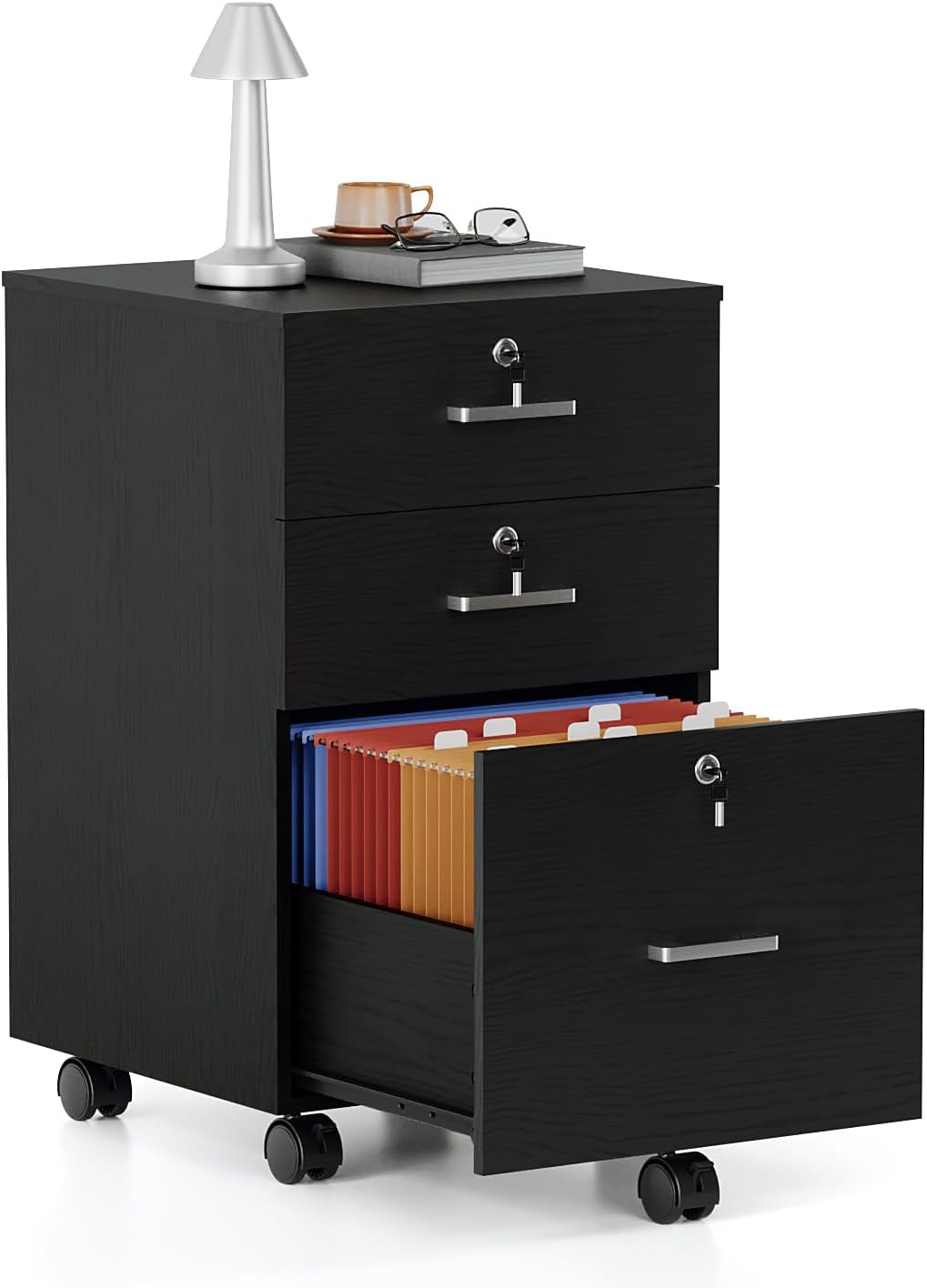 Bonnlo mobiler Aktenschrank 3 Schubladen für Büro,Homeoffice, schwarz,Holz, Schwarz
