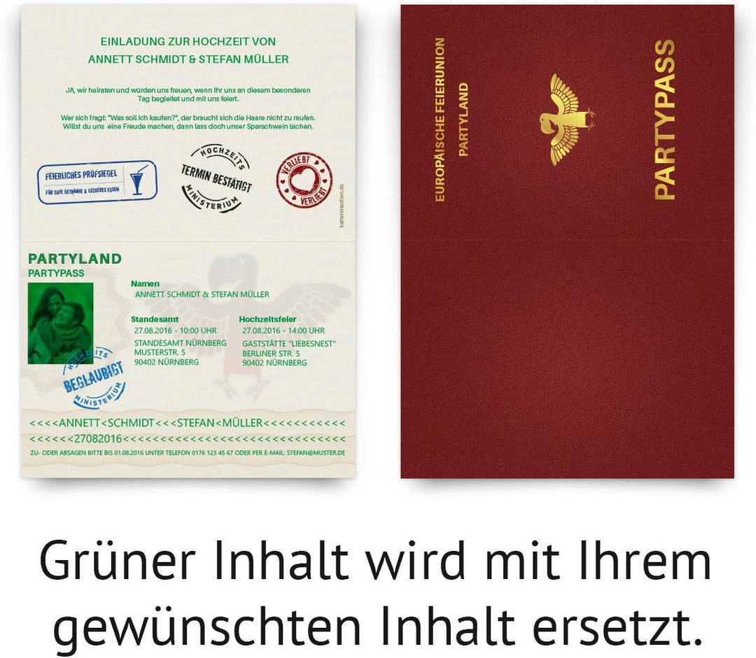 Personalisierte Hochzeitseinladungen (10-100 Stück wählbar) als Reisepass Ausweis Partypass Einladun