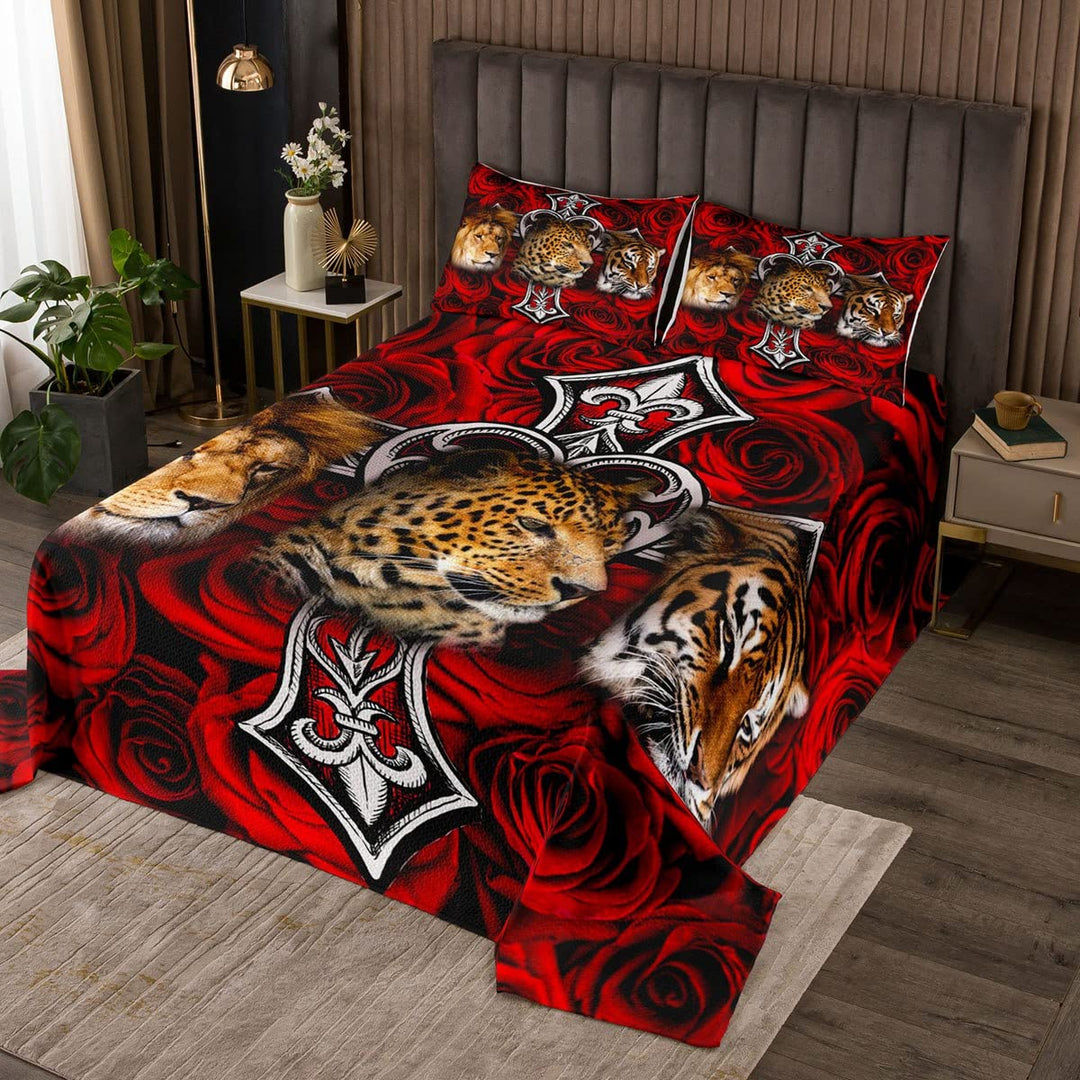 Löwe Leopard Tiger Tagesdecke 170x210cm, afrikanisches tropisches Wildtier-Bettwäsche-Set Mode Luxus