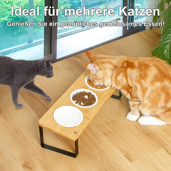 GUUSII HOME Katzennapf Erhöht Futternapf Katze Futterstation, Keramik Napf, Fressnapf 3er Set Holz,
