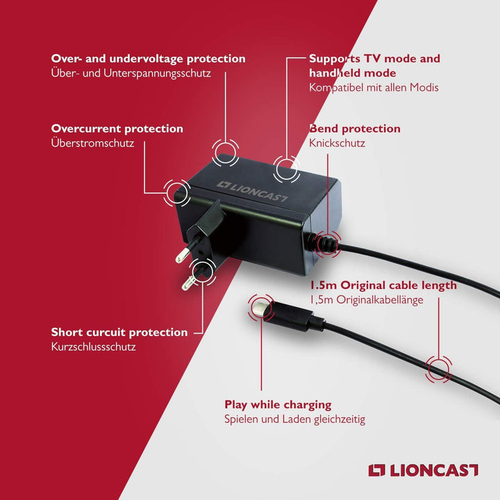 Lioncast Netzteil für Nintendo Switch/Switch Lite mit 1,8m Ladekabel | Ladegerät 15V via USB-C (Cont