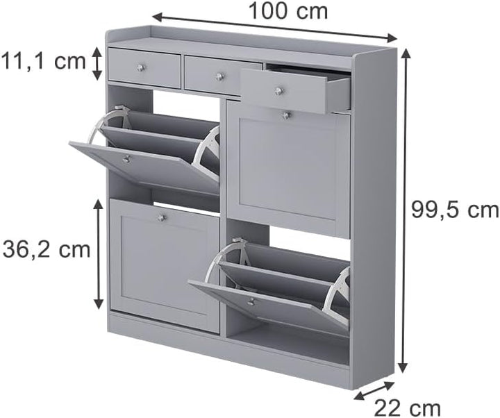 Vicco Schuhkipper Vitto, Grau, 100 x 99.5 cm mit 3 Schubladen & 4 Klappfächern, zur platzsparenden A