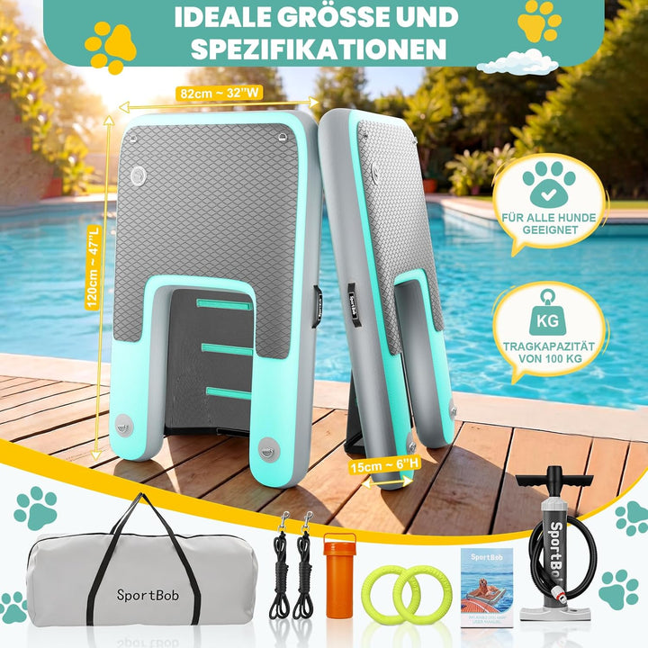 Hunderampe 120 x 82cm, Aufblasbare Wasserrampe für Hunde, Reissfest und Langlebig, Aufblasbare Dog R