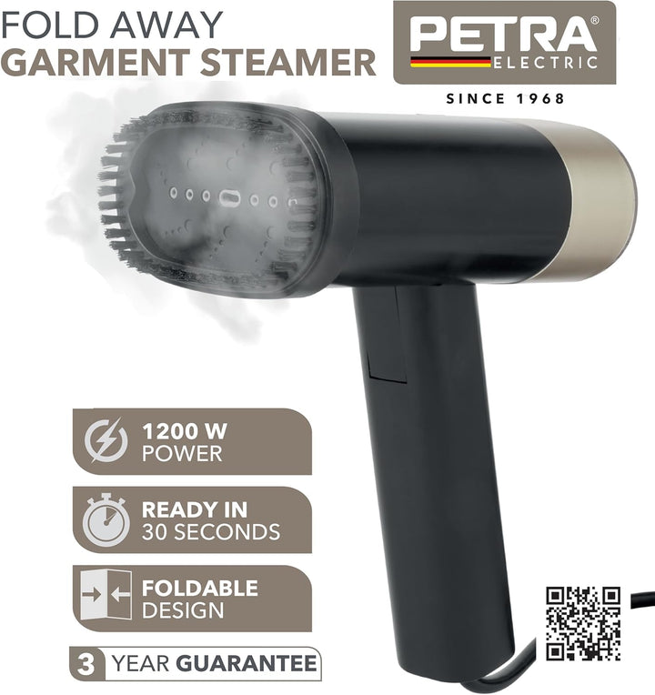 Petra PF01608VDE Faltbarer Dampfgarer - Tragbar Reise-Kleiderdampfer, faltbarer Griff, 100 ml, Mini-
