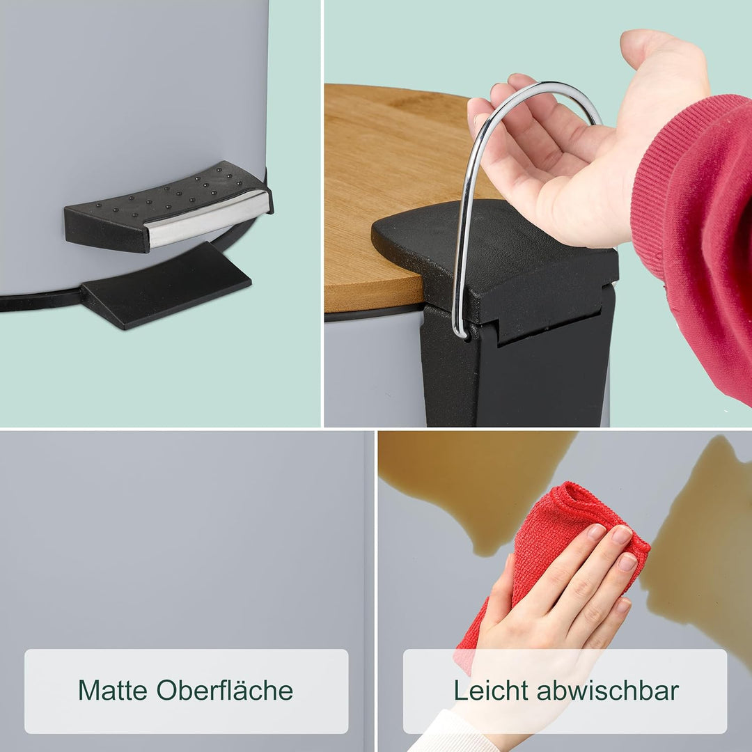Relaxdays Kosmetikeimer 5 L, Absenkautomatik, Inneneimer entnehmbar, Badmülleimer, Metall, Bambus, m