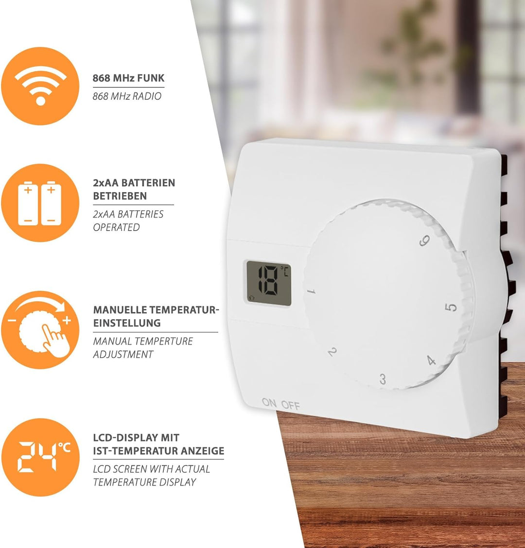 Funk Wireless Thermostat SAS816RF Temperatur-Regler Raumthermostat Raumregler 868MHz Funkreichweite