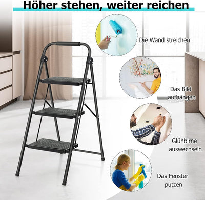 GYMAX Trittleiter 3 Stufen, klappbare Stufenleiter mit rutschfesten & Breiten Stufen, leichte Stehle