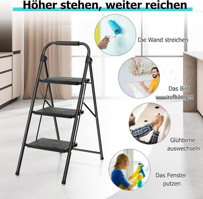 GYMAX Trittleiter 3 Stufen, klappbare Stufenleiter mit rutschfesten & Breiten Stufen, leichte Stehle