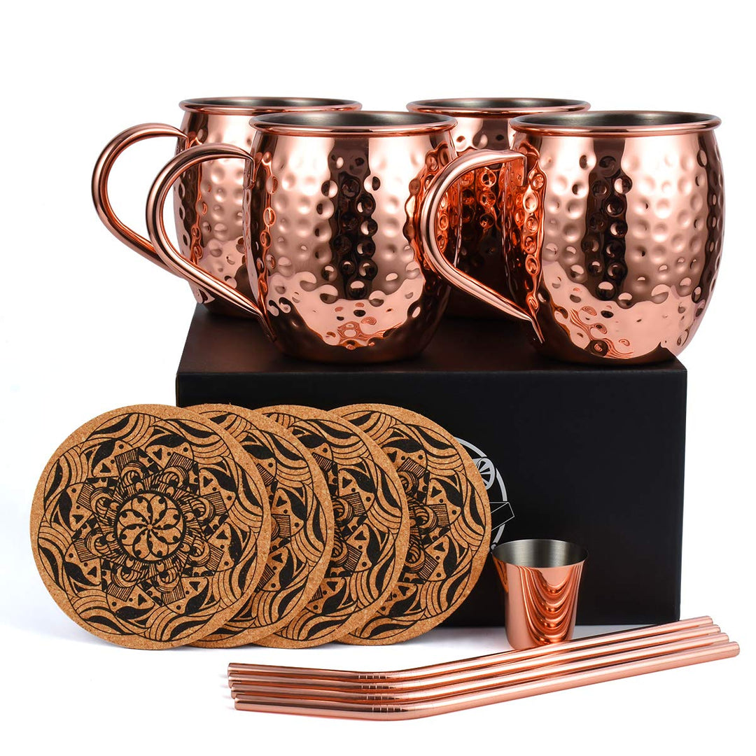 Eligara Moscow Mule Becher Kupferbecher Gehämmert und Handgefertigt Kupfertassen mit 4 Gläsern, 4 Un