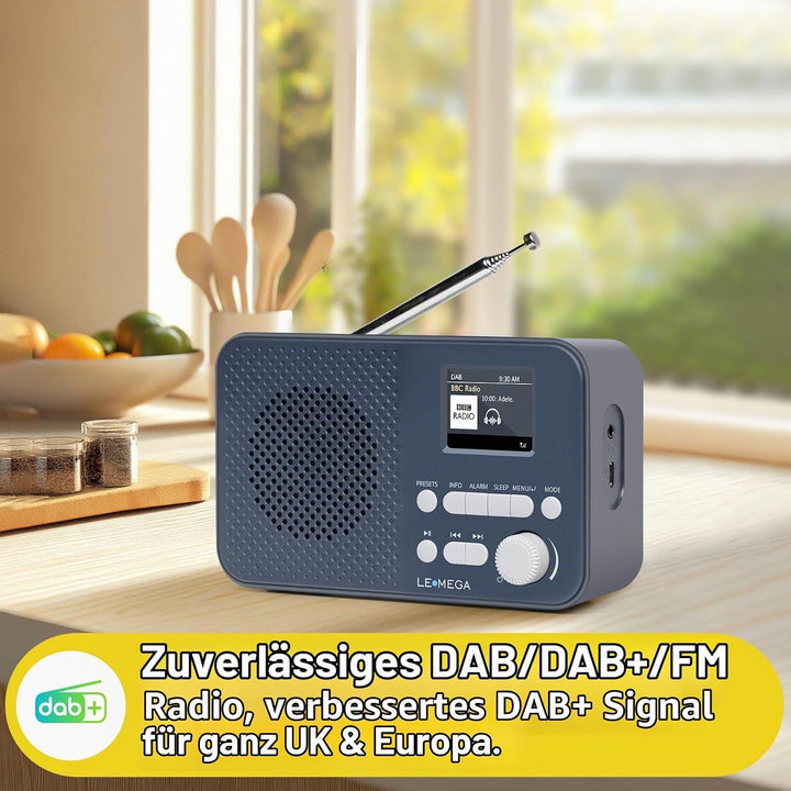 Tragbares DAB+-Radio mit Bluetooth | Wiederaufladbarer Akku mit 15 Stunden Spielzeit oder Netzbetrie