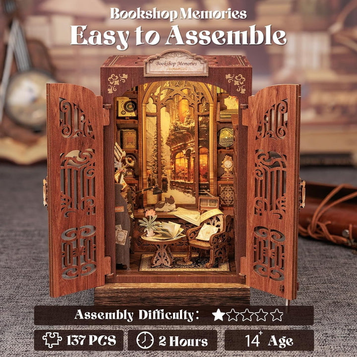 Fsolis Book Nook Kit -DIY Puppenhaus Holz Haus, Buch Ecke Miniatur Kit für Erwachsene Teens,DIY Mini