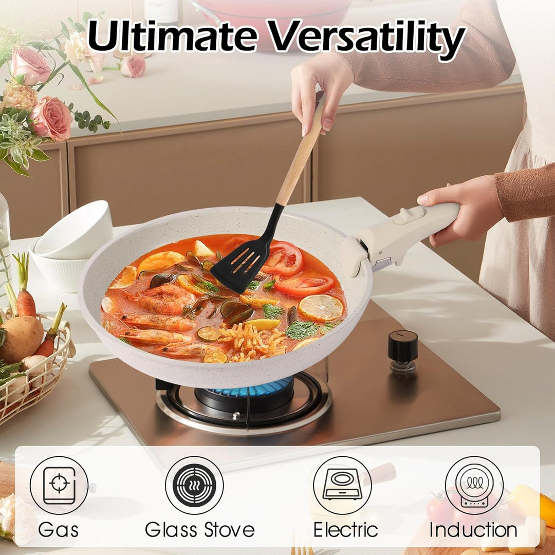 19-Piece Cream White Ceramic Cookware Set with Removable Handles – Non-Stick Frying Pan & Induction