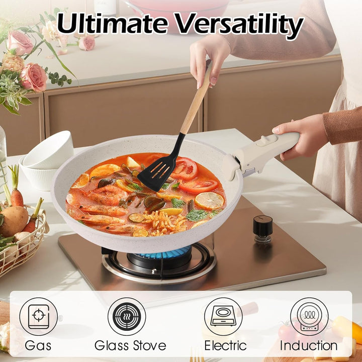 19-Piece Cream White Ceramic Cookware Set with Removable Handles – Non-Stick Frying Pan & Induction