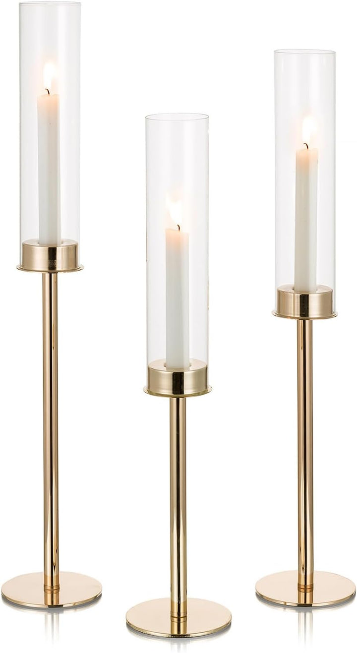 Nuptio Glaszylinder für Kerzen Kerzenhalter Gold: 60 & 55 & 50cm Gross Klarglas Metall Kerzenständer