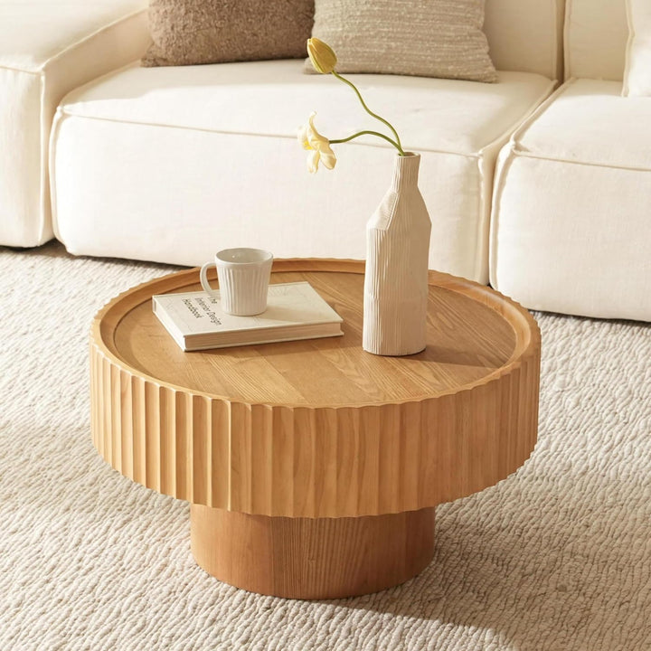 Couchtisch Rund Holz, Coffee Table mit Geriffeltem Design, Wohnzimmertisch Rund in Pilzform mit Den