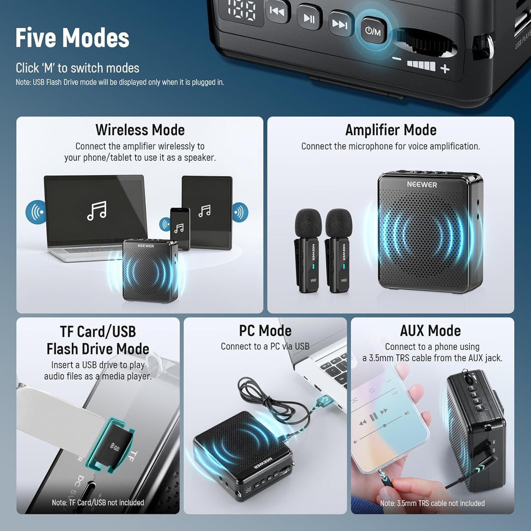 NEEWER Sprachverstärker mit kabellosem Mikrofon, tragbares, Tragbares Mini USB C, wiederaufladbar, G
