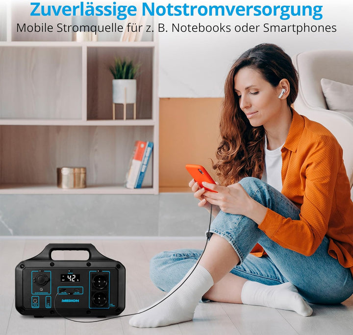 MEDION Power Station S69500 (MD46500), Premium LifePo4 Akkupack, 5 Ausgänge zum Laden, 518 Wh Kapazi