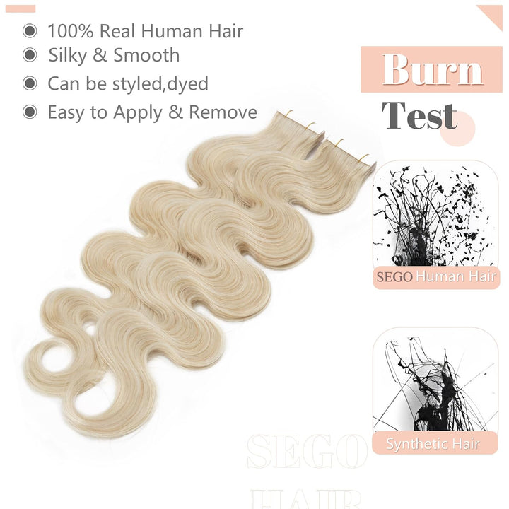 SEGO Tape Extensions Echthaar GEWELLT 12zoll/30cm 20 Stück Klebeband Haarverlängerung 100% Remy Haar