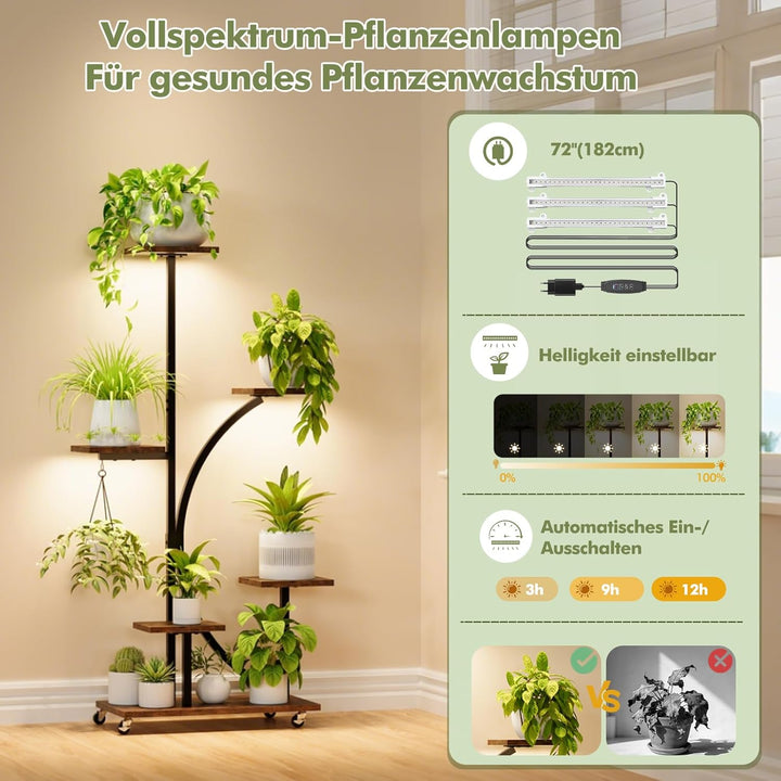 Pflanzenständer mit Wachstumslicht, Blumenständer 6 Stöckiges 125cm, Pflanzenregal Metall Holz mit F