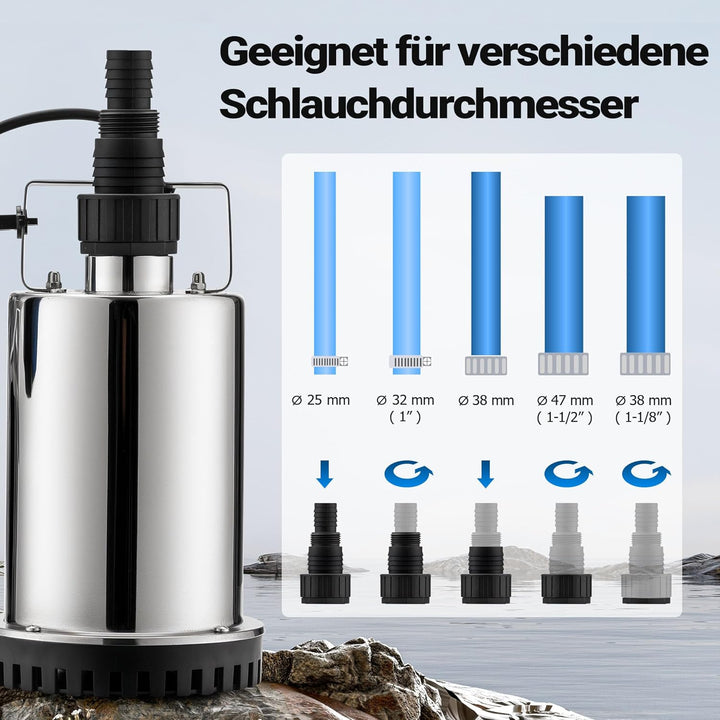 XPOtool Tauchpumpe bis 7500l/h, max. Förderhöhe 6,5m, Schmutzwasserpumpe 400W, Fremdkörper bis 5mm
