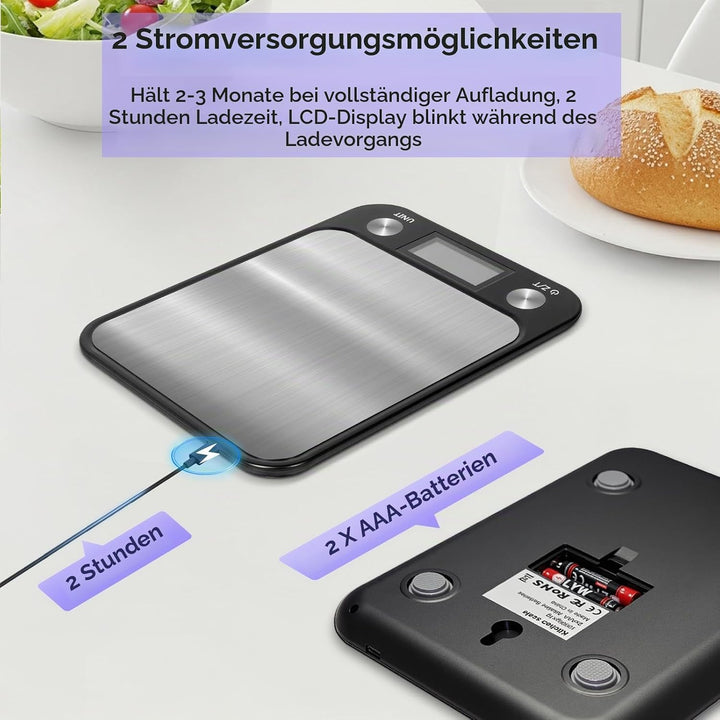 1g/10kg wiederaufladbare digitale Küchenwaage, 17,5x15cm grosse Plattform elektronische Lebensmittel