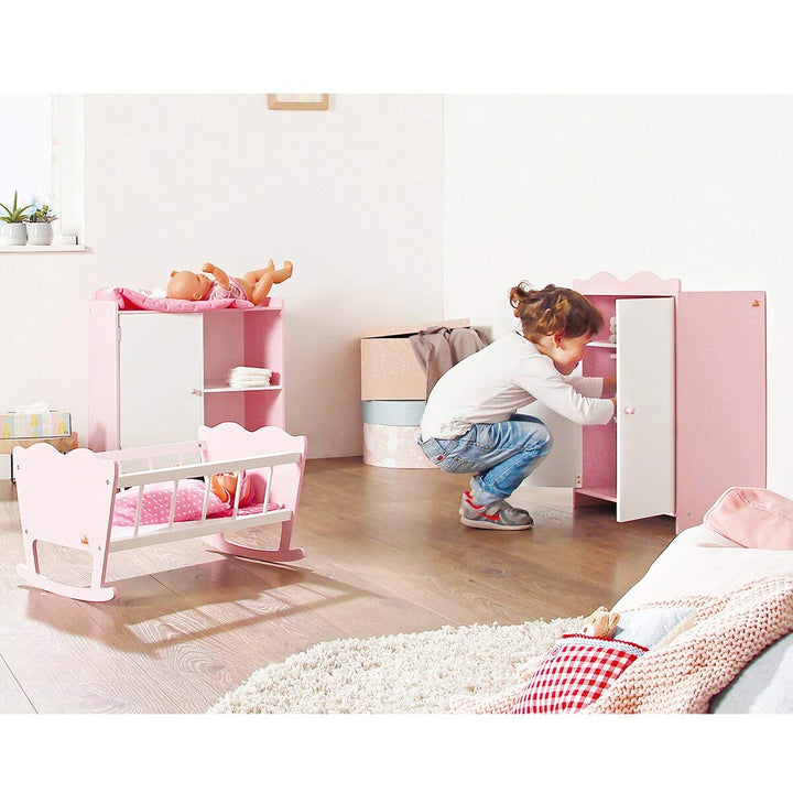 PINOLINO Puppenwiege Jasmin, Set 4-tlg - rosa &amp; weiss, inkl. Bettzeug Kleine Herzen, Holz, MDF, Pupp