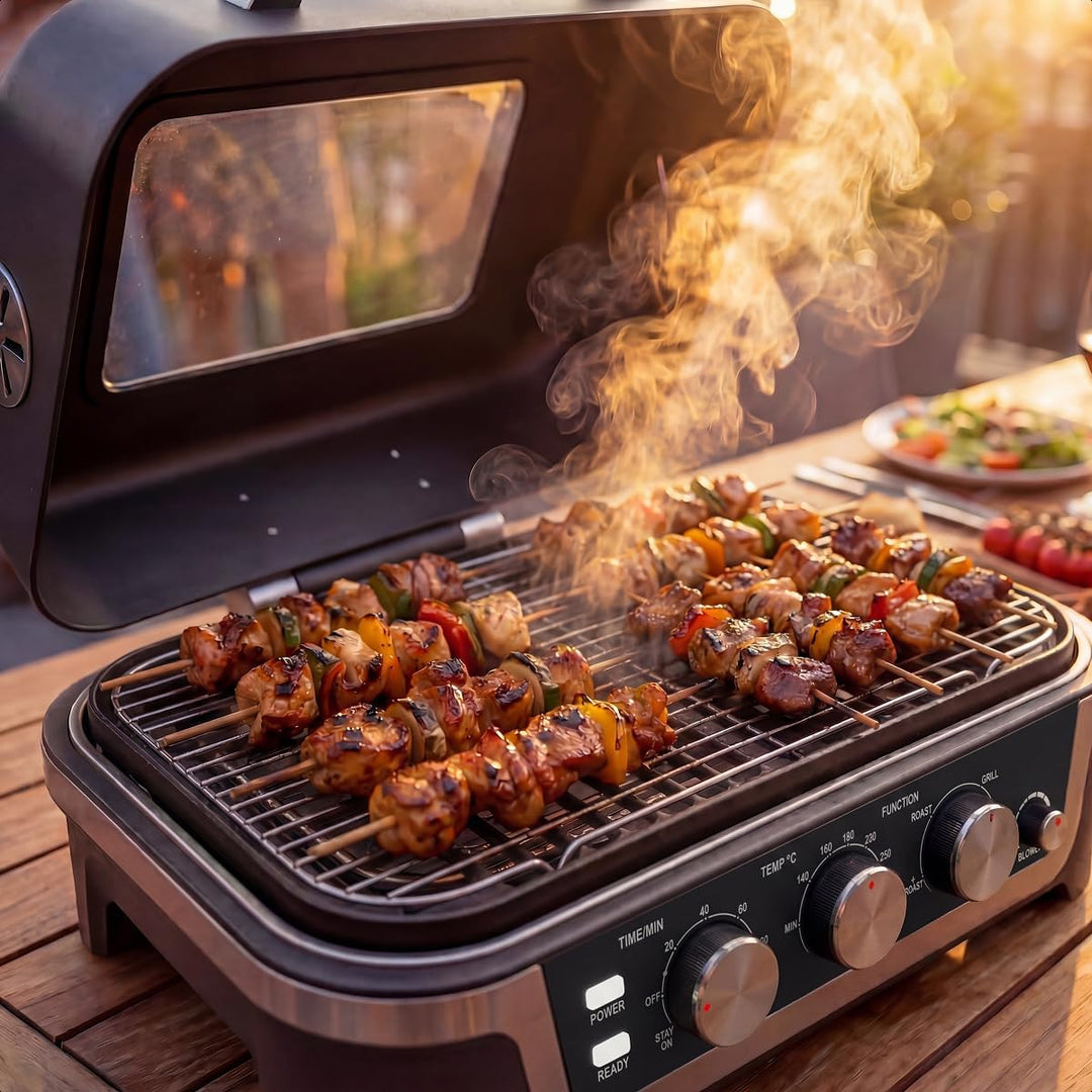 KitchenBrothers 4-in-1 Elektrogrill - BBQ &amp; Smoker - Tischgrill - 2600W | Einstellbar von 90–250 °C,