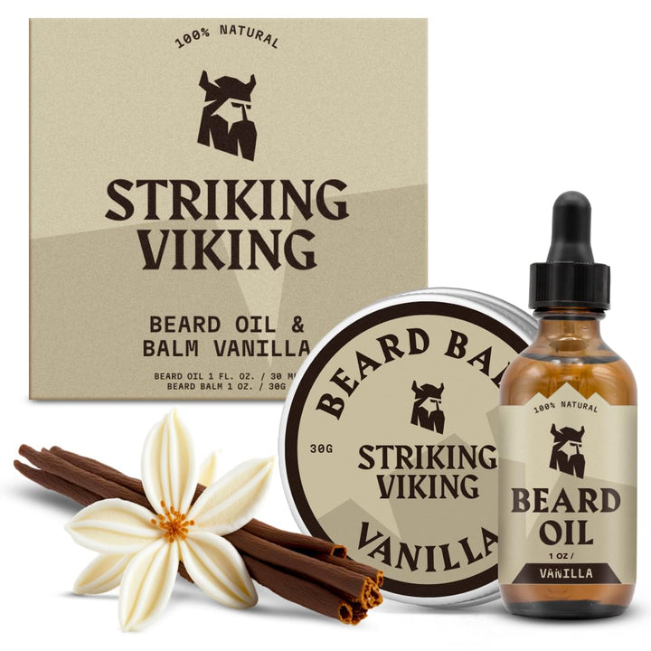 Striking Viking Bartpflege-Set mit Bartbalsam & Bartöl - 30 g / 30ml, Vanille - Bartöl mit Duft - Zä