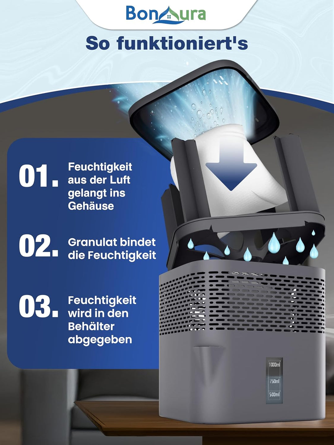 BonAura® Luftentfeuchter ohne Strom - Raumentfeuchter für Keller, Bad uvm. - 450g Luftenfeuchter Nac