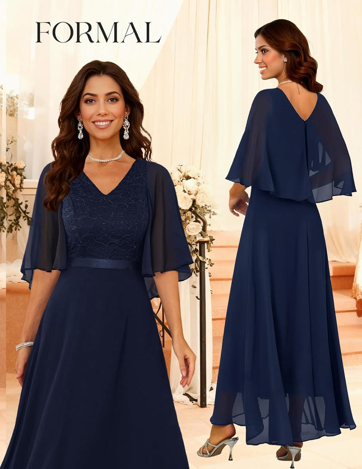 DRESSTELLS Abendkleid Damen Festlich Spitzenkleid für Hochzeit Chiffon Cape Ärmel Ballkleid Elegant