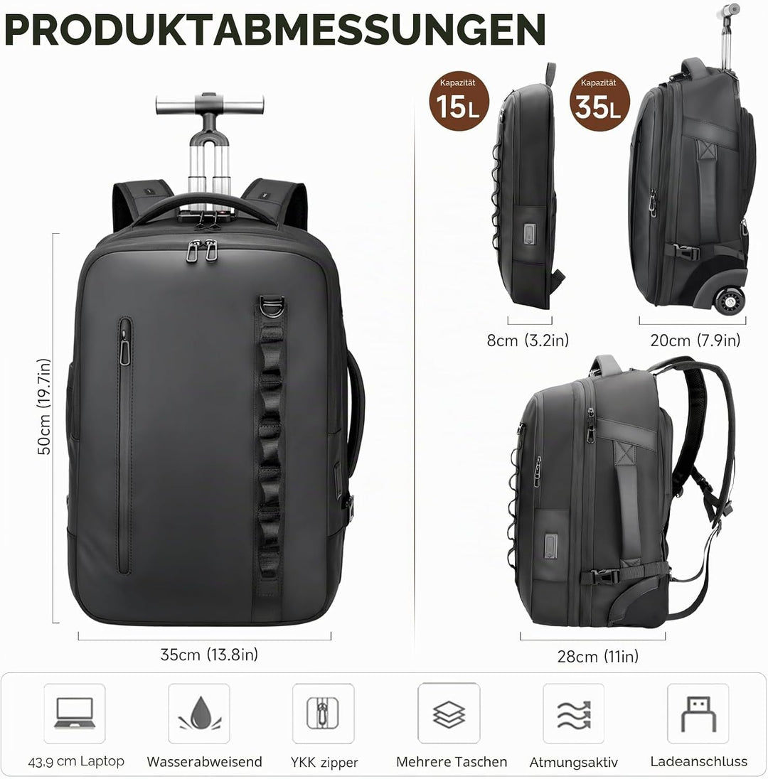 2-in-1-Reiserucksack mit Rollen, 50L Rucksack Trolley mit 17,3" Laptopfach- Handgepäck mit USB-C-Ans