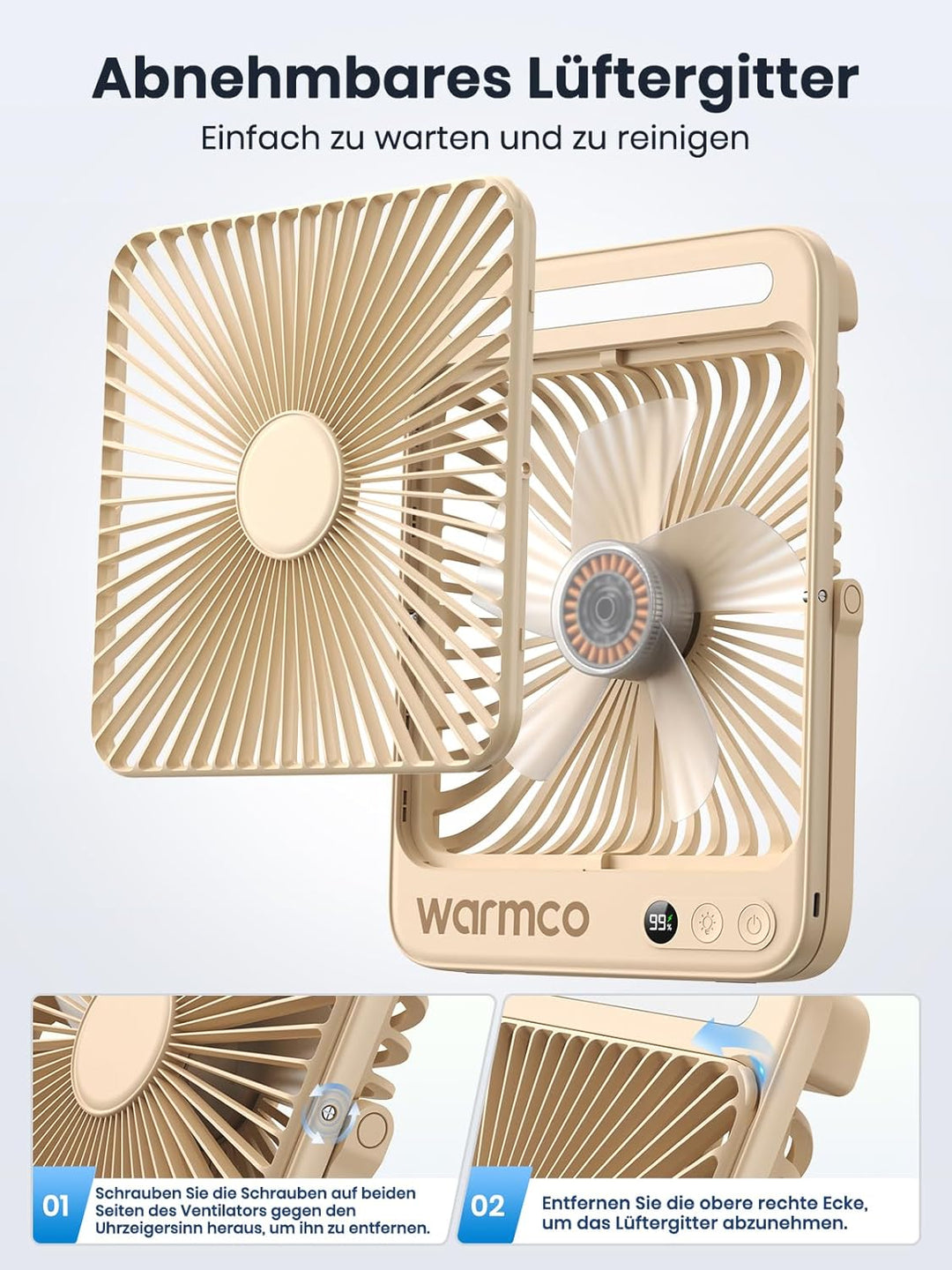 Warmco 20000mAh Akku Camping Ventilator 27cm mit Lampe, 15-48 Std. Laufzeit, Ultra-Leise, Ultraflach