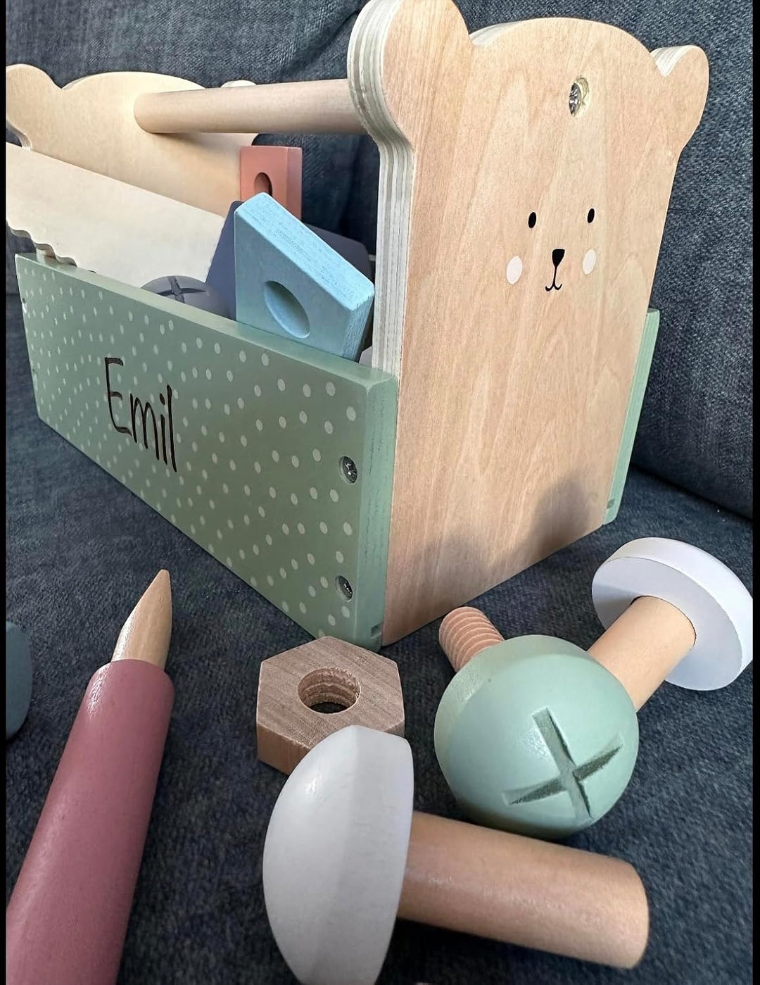 Personalisierter Werkzeugkasten aus Holz – Teddy-Design – Lernspielzeug mit Gravur – Perfekt zum 1.